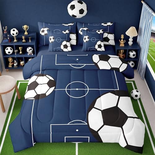Feelyou Football Bedding Set Twin Size 7 Pieces Kids Soccer Ball Pattern for Boys Girls Teens Sports Theme Football Court Bed in a Bag with Comforter, Sheets, Pillowcases & Cushion Cover