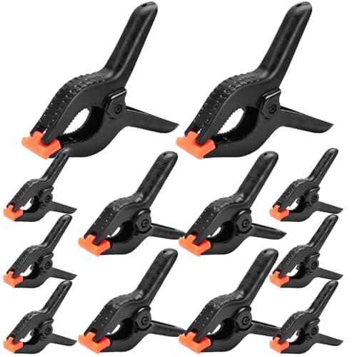 12 Pack Plastic Spring Clamps Set, 3 Sizes of Spring Clips 3.5 Inch, 4.5 Inch, 6 Inch Set, Black Heavy Duty Clips, Backdrop Clips, Woodworking Clamps, Plastic Clamps for Woodworking,Photography