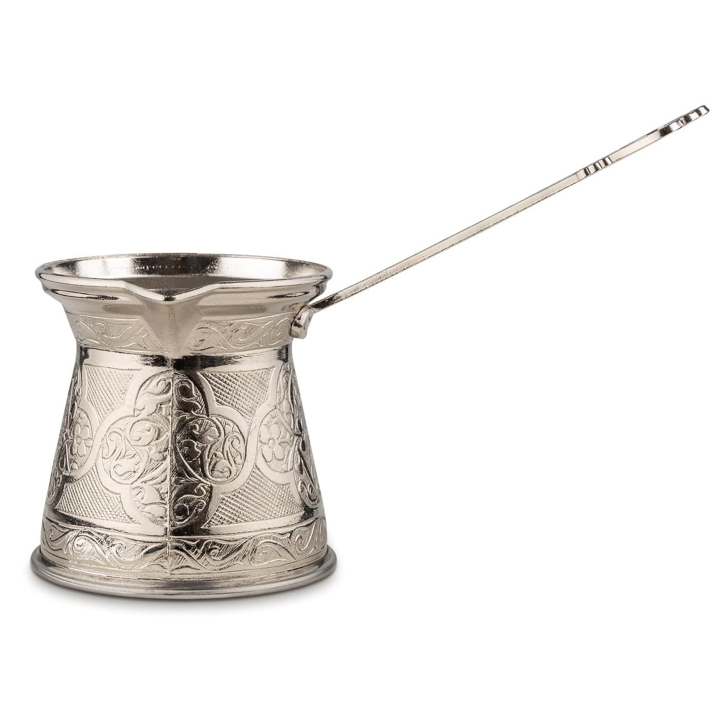 Alisveristime Authentic Turkish Coffee Pot Handmade CezveIbrik 4Inch Width 4Inch Height 2028 Ounce Enhance Your Coffee Experience Now 6 Cup Silver