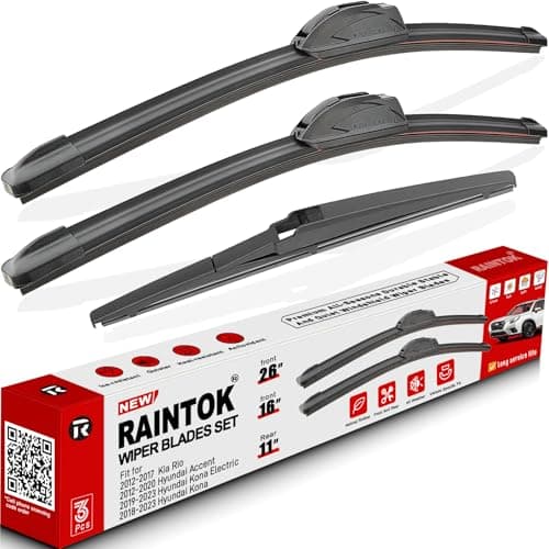 RAINTOK Windshield Wiper Blades Replacement for Kia Rio Hyundai Accent Kona Electric 2012 2013 2014 2015 2016-2023 Original Factory Quality Front Rear Wipers Blade Set for Car - 26" 16" 11" (Set of 3)