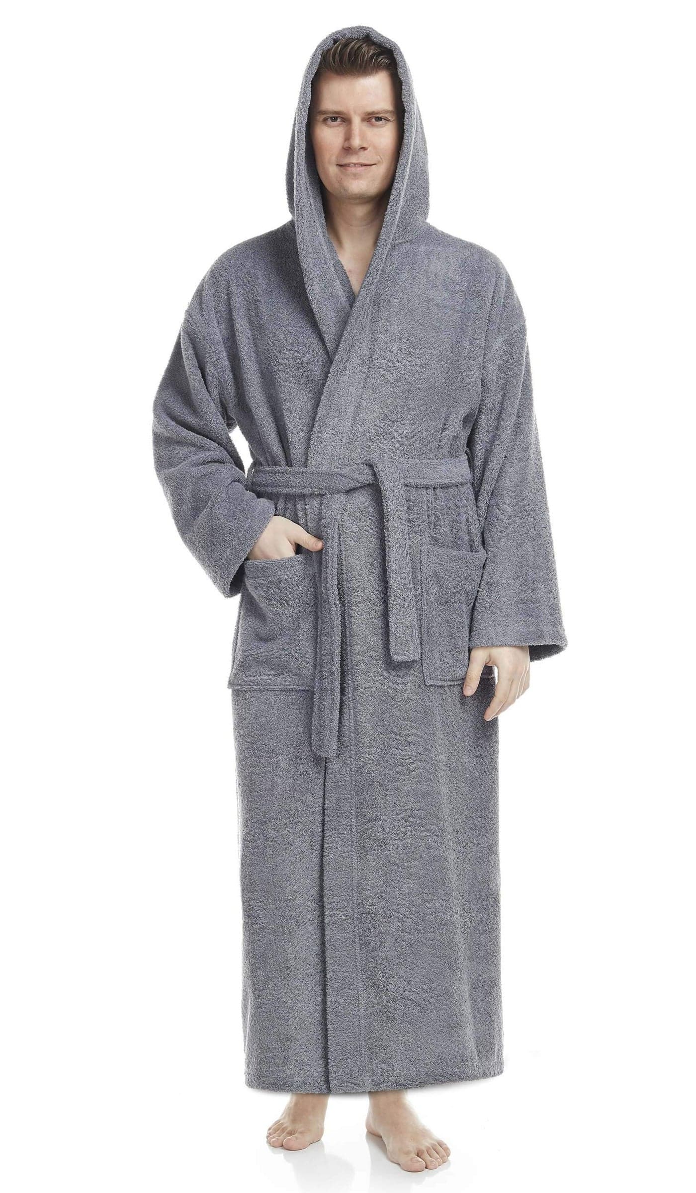 Arus Mens Hooded Classic Turkish Cotton Bath Robe with Full Length Options Gray LargeXLarge