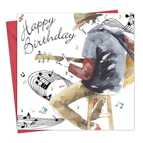 Twizler Happy Birthday Card for Him - Guitar Man with Watercolour Effect - Mens Music Birthday Card for Male Son Brother Boyfriend Friend
