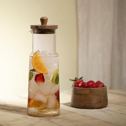 Ellementry Glass Carafe with Wooden Lid – 1L, Clear Glass Pitcher for Hot & Cold Water, Juice, Coffee, Iced Tea, Milk, Cocktail & Wine, Transparent Beverage Server for Dining Table, Kitchen & Parties