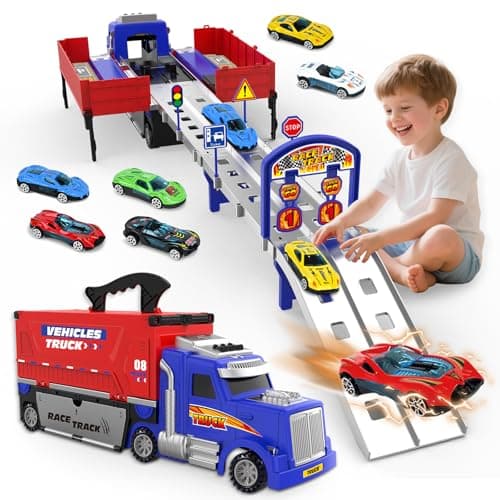 SpringFlower Carrier Truck Race Track Toys Boy Toys for 3 4 5 6 Years Old Boys with Lights Sounds Transporter Race Track with 6 DieCast Car Vehicle Toy for Kids Birthday Gifts