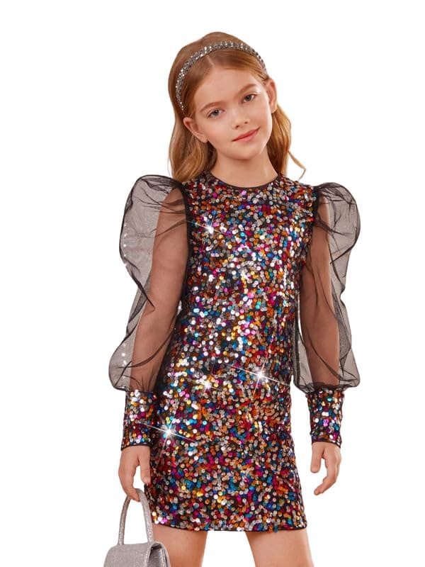 Niren Enterprise Girls Sequin Sparkle Frock with Puffy Mesh Sleeves, Glittery Finish, and Slim Fit Style Party Dress Black