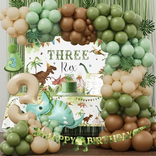 Three Rex Birthday Party Decorations Boy Dinosaur 3rd Birthday Party Supplies Three Rex Backdrop Tablecloth Fringe Curtain Balloon Arch Cake Topper Birthday Banner Hat