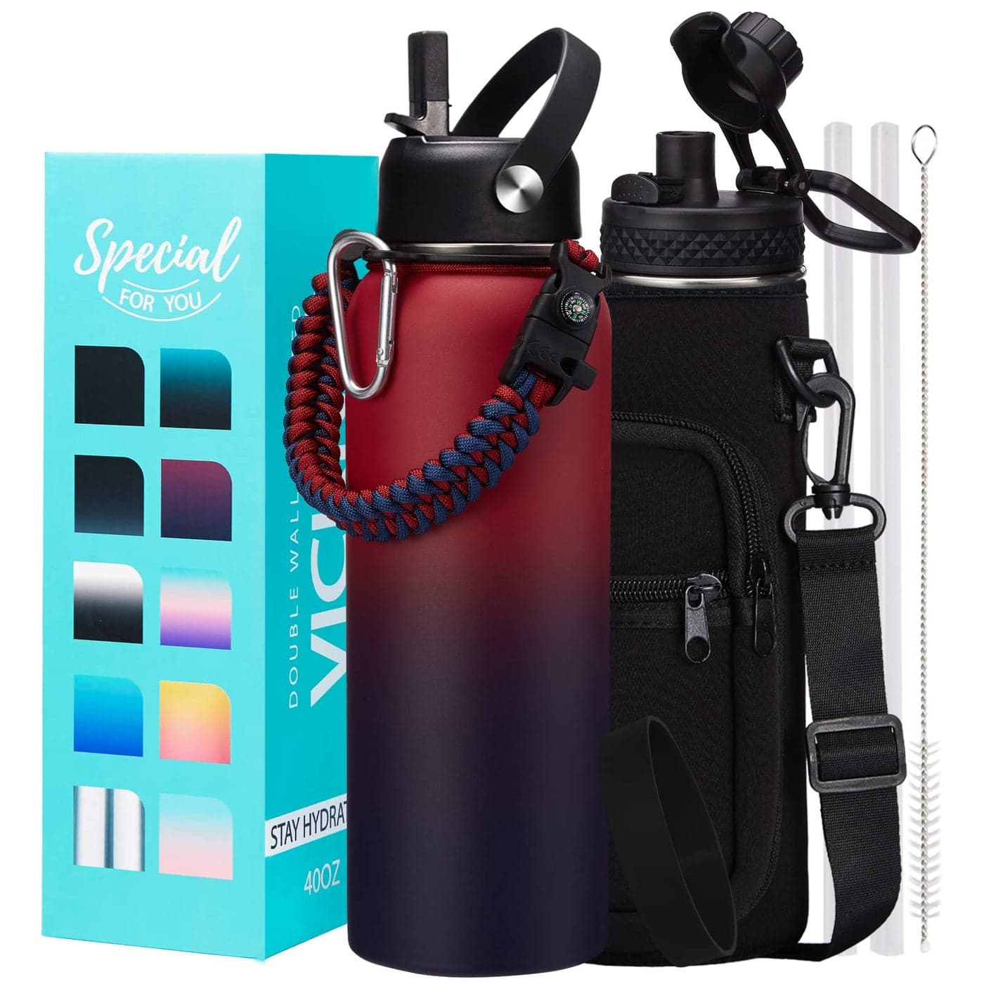 40 OZ Insulated Water Bottles with Straw Lid, Stainless Steel Water Bottle for Men Women, Wide Mouth Water Flask Sports Hydro Jug with Shoulder Carrier Bag, Paracord Handle, Straw & Spout Lids