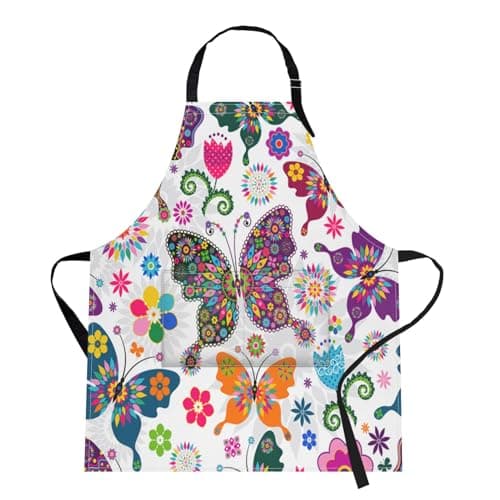 Britimes Apron Home Kitchen Cooking Baking Gardening for Women Men With Pockets Floral Colorful Butterflies Flowers Romantic 32x28 inch