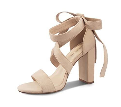 Carcuume Strappy Heels for Women Chunky Heels High Heeled Sandals with Lace Up Fahsion Casual Nude Block Heel Sandals,Ellery-KHAKI-8
