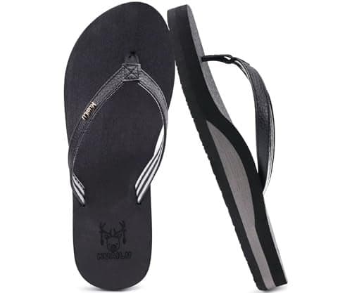 KuaiLu Womens Arch Support Flip Flops Comfortable Yoga Mat Slip on Leather Walking Thong Cushion Sandals Summer Beach Orthotic Slides Travel Essentials Indoor Outdoor Slippers Shoes Black Size 11