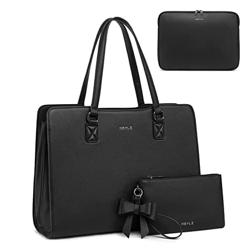 Keyli 4pc Sets Laptop Bag for Women Large Leather Laptop Briefcase with USB Charging Port Computer Shoulder tote Bags Purse, Black_2, L
