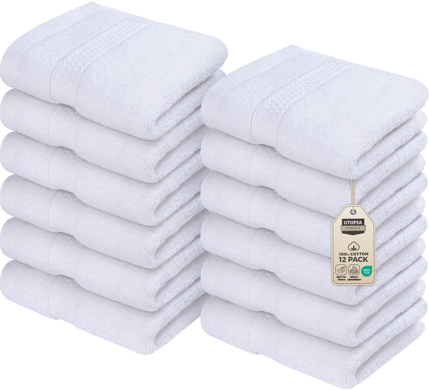 Utopia Towels 12 Pack Premium Wash Cloths Set, 12 by 12 Inches, 100% Cotton Ring Spun, Highly Absorbent and Soft Feel Essential Washcloths for Bathroom, Spa, Gym, and Face, White