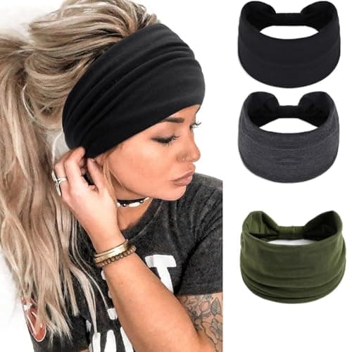 Melodio 3 Pack Wide Headbands for Women, Soft Stretchy Non Slip Hair Bands, Turban Knotted Head Wraps, Elastic Sweatbands for Yoga Sports, Fashion Boho Hair Accessories