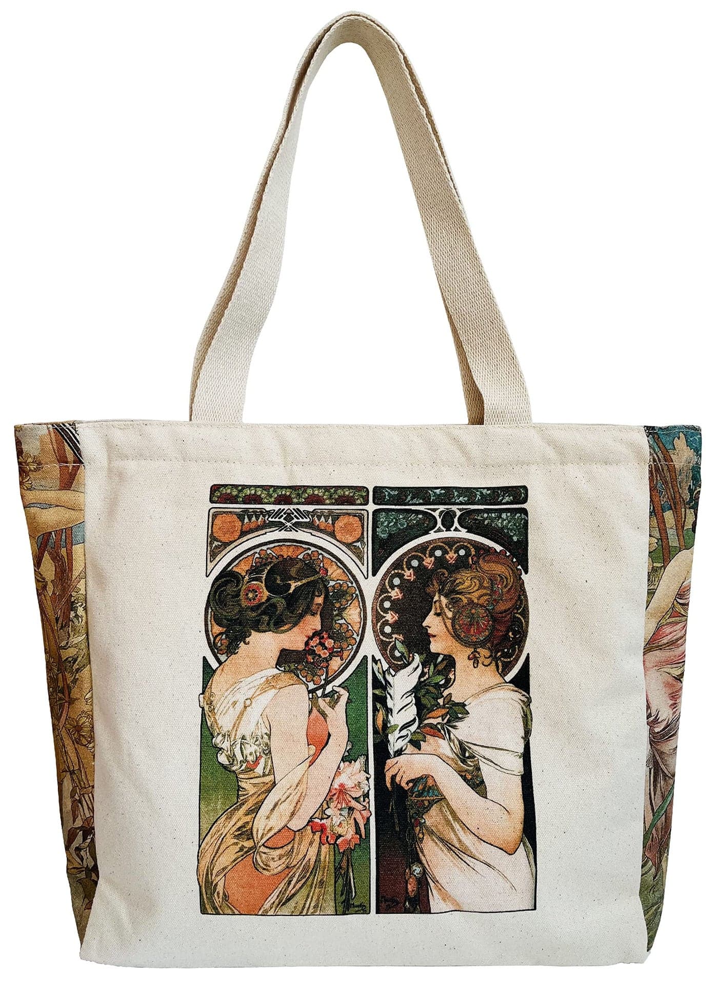 HaoHakka Canvas Tote Bag Aesthetic Vintage, Cute Graphic Trendy Tote Bags with Zipper Pockets Christmas Gifts for Women(Alphonse Maria Mucha)