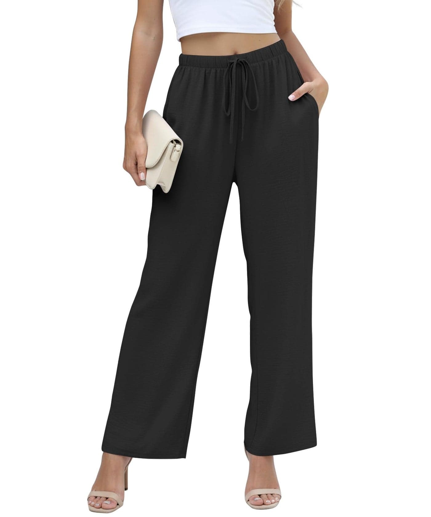 NILOUFO Women Summer Casual High Waist Wide Leg Pants Fashion Lightweight Flowy Boho Beach with Pockets(Black, Medium)