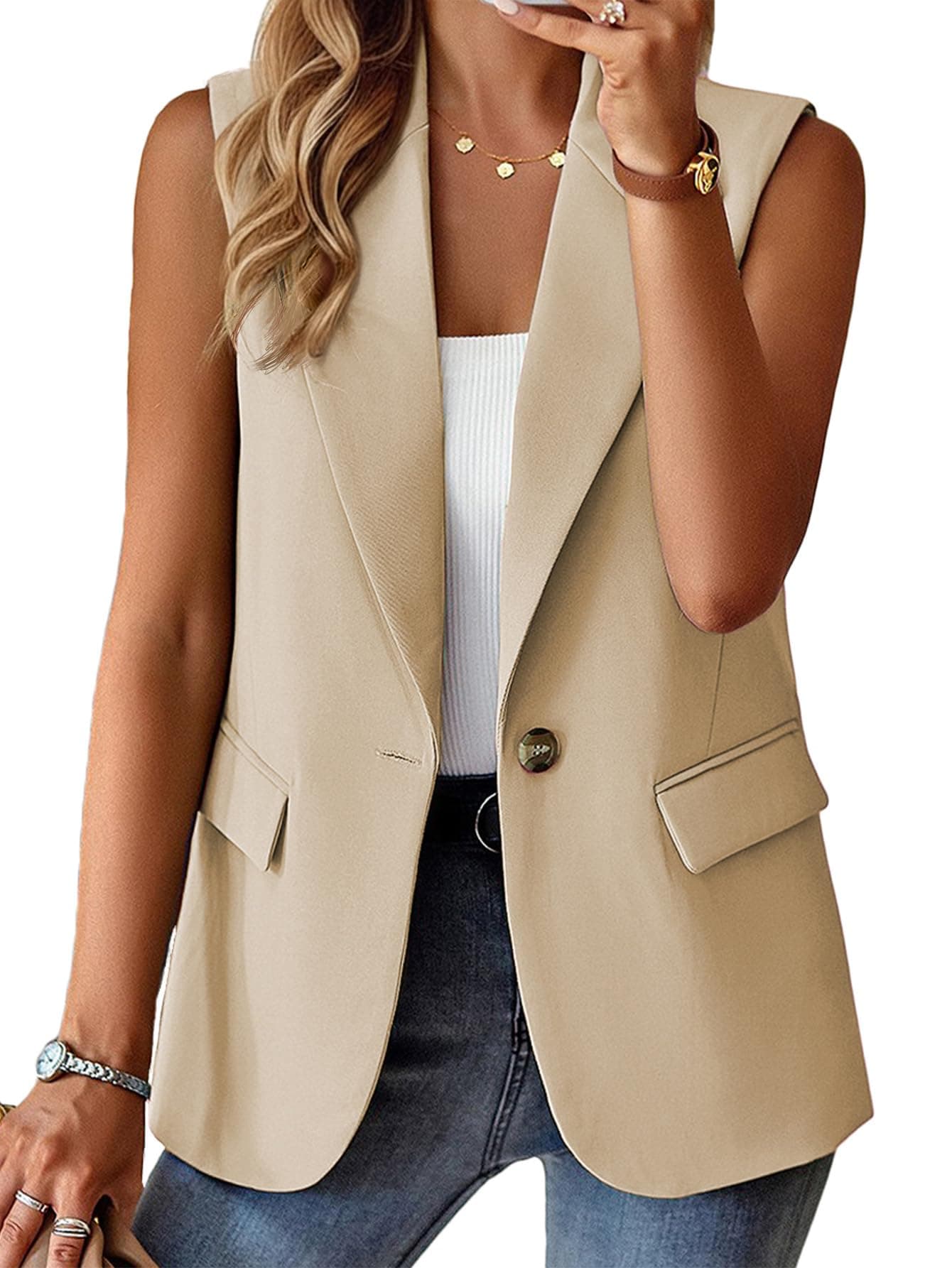 Long Vest for Women Sleeveless 2025 Outerwear Ladies Fashion Casual Dressy Casual Winter Fall Christmas Party Outfits Vests Cardigan Beige XS