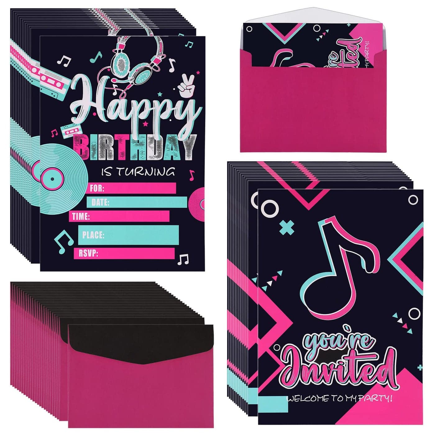 Breling 25 Pcs Music Birthday Party Invitations Supplies Birthday Invitation Cards Neon Music Party Favors with 25 Pcs Envelopes Baby Shower Glow in the Dark Music Birthday Party