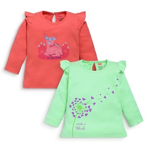 LuvLap Baby Girls 100% Cotton Full Sleeve Girls Top Pack of 2, Coral Quartz & Paradise Green, XL (12 to 18 Months)