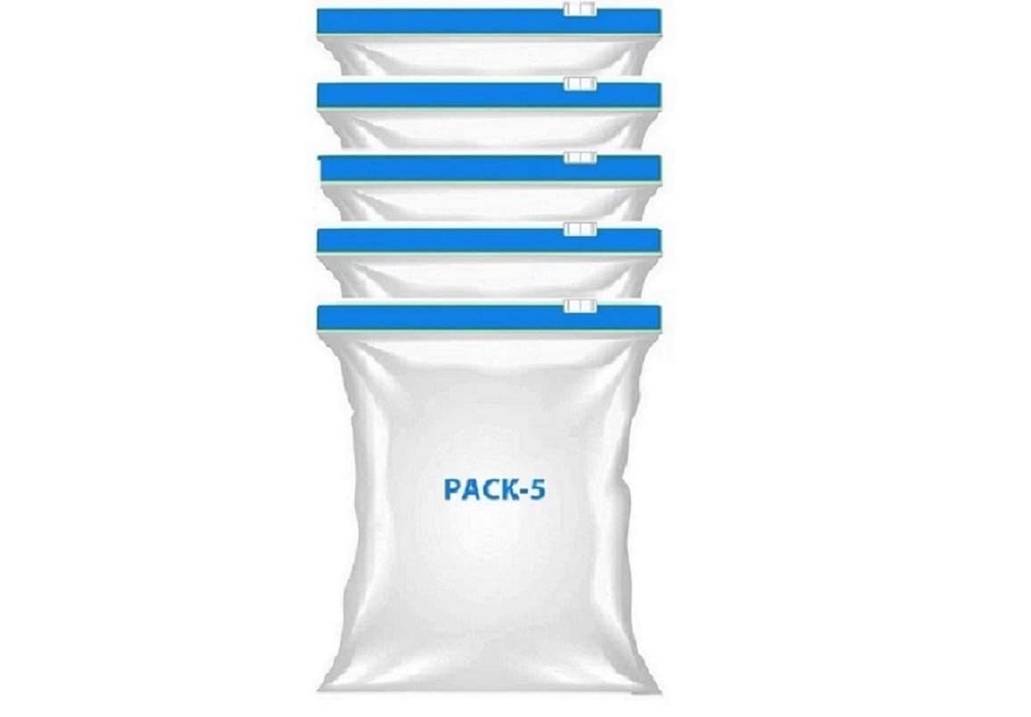 VONITY Pack Of 5 Zip lock bags for food storage, fridge vegetable storage bags, Freezer RE-USABLE Zipper Bags, food packing covers, resealable plastic ziplock pouch medium size 9"X10" (BLUE) (R-6855)