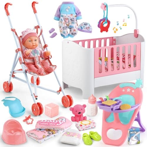 Baby Doll Crib and Stroller Accessories Play Set with 11 Baby DollDining Chair24 PCS Dolls Accessories and 2 Sets ClothesRealistic Pretend Play for Girls Kids 35 46 57 Year Gifts