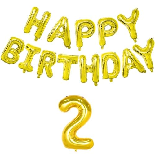 Flyloons 2nd Golden Colour Happy Birthday Foil Balloon Banner Set For 2 Year Old Boys Girls Baby | With Number Two | 13 Letters Reusable Happy Birthday Metallic Foil Balloons Decoration Kit, 14 Pcs