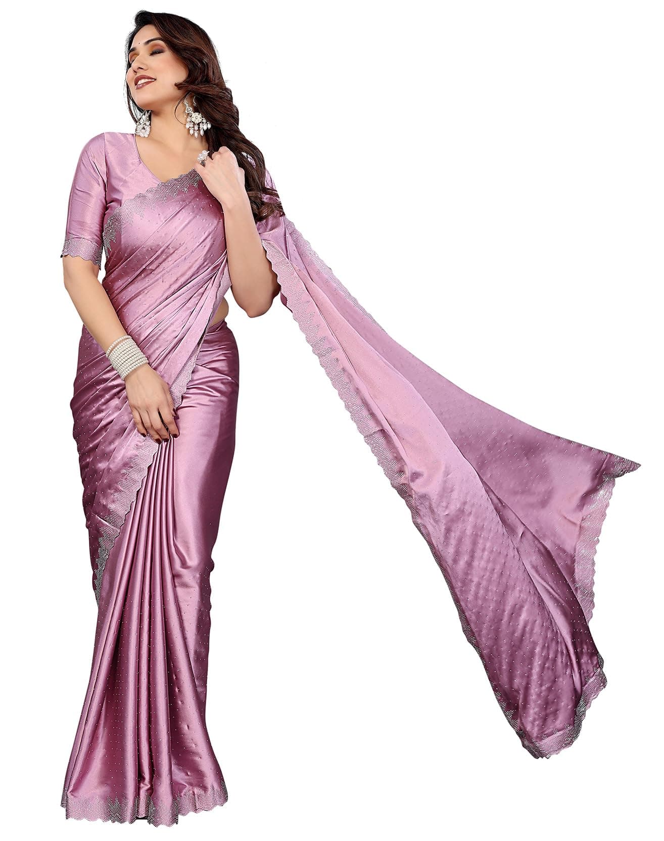 Priyashi Satin Silk Sari Hot Fixing Stone Work Bollywood saree for Womenn With Unstitched Blouse Piece |saree for Women | Saree | New Sari | Latest Saree_AZ-PY-P1-PINTU PINK