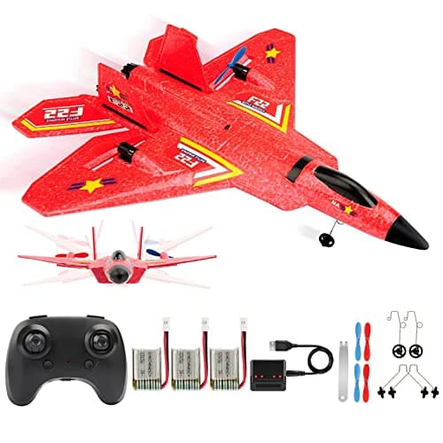 ANTSIR Remote Control Plane F22 Raptor 24GHz Durable Foam Rc Airplane with Smart GyroLED Lights3 Rechargeable Batteries RC Jet Glider Toy Gift for Kids Boys Girls 816 Year Old Red