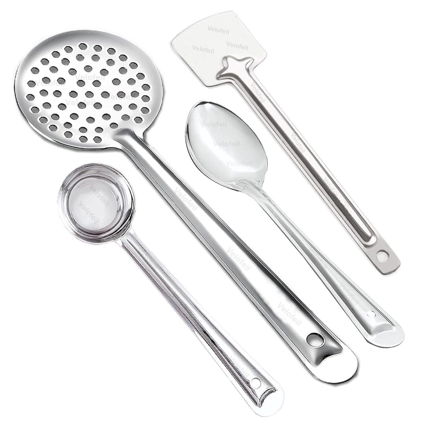 Velofeil Set of 4 Stainless Steel Kitchen Tools 285cm Large Pan Spoon 36cm Skimmer Jhara 315 cm Laddle 305cm Turner Spatula Ideal for Cooking Serving