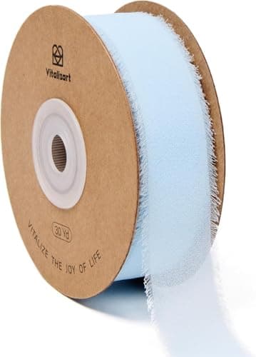 Vitalizart 1 x 30 Yd Chiffon Ribbon Baby Blue Silk Like Handmade Fringe Fabric Ribbons for Wedding Invitations Bridal Bouquets Party Decoration Gift Wrapping Bow Making