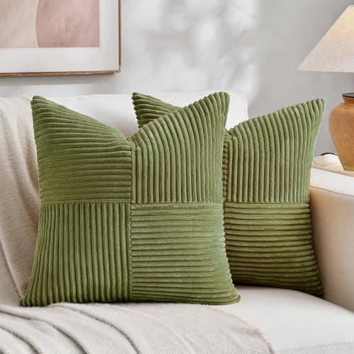 Fancy Homi 2 Packs Moss Green Decorative Throw Pillow Covers 20x20 Inch for Living Room Couch Bed Sofa, Farmhouse Boho Home Decor, Soft Corss Corduroy Patchwork Accent Square Cushion Case 50x50 cm