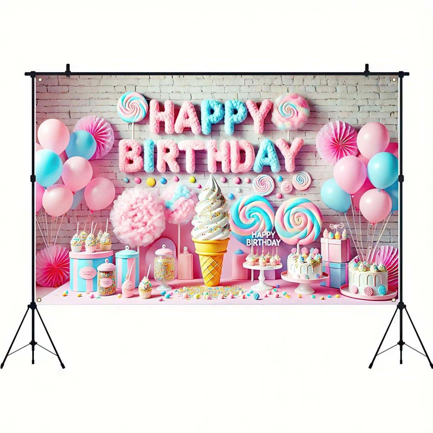 BlissYard Cotton Candy Birthday Banner 71x43 Inch Polyester Cotton Candy Backdrop Girl Sweet Donut Ice Cream Candy Theme Birthday Decoration