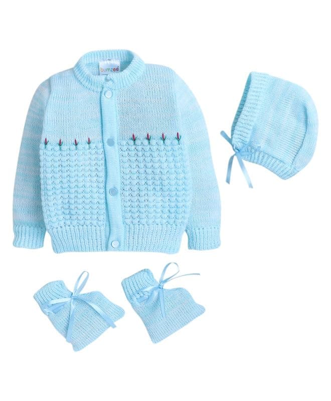 BUMZEE Aqua Baby Boys Full Sleeves Woolen Sweater with Cap & Socks Age - 6-12 Months (Peb10064D-abl)
