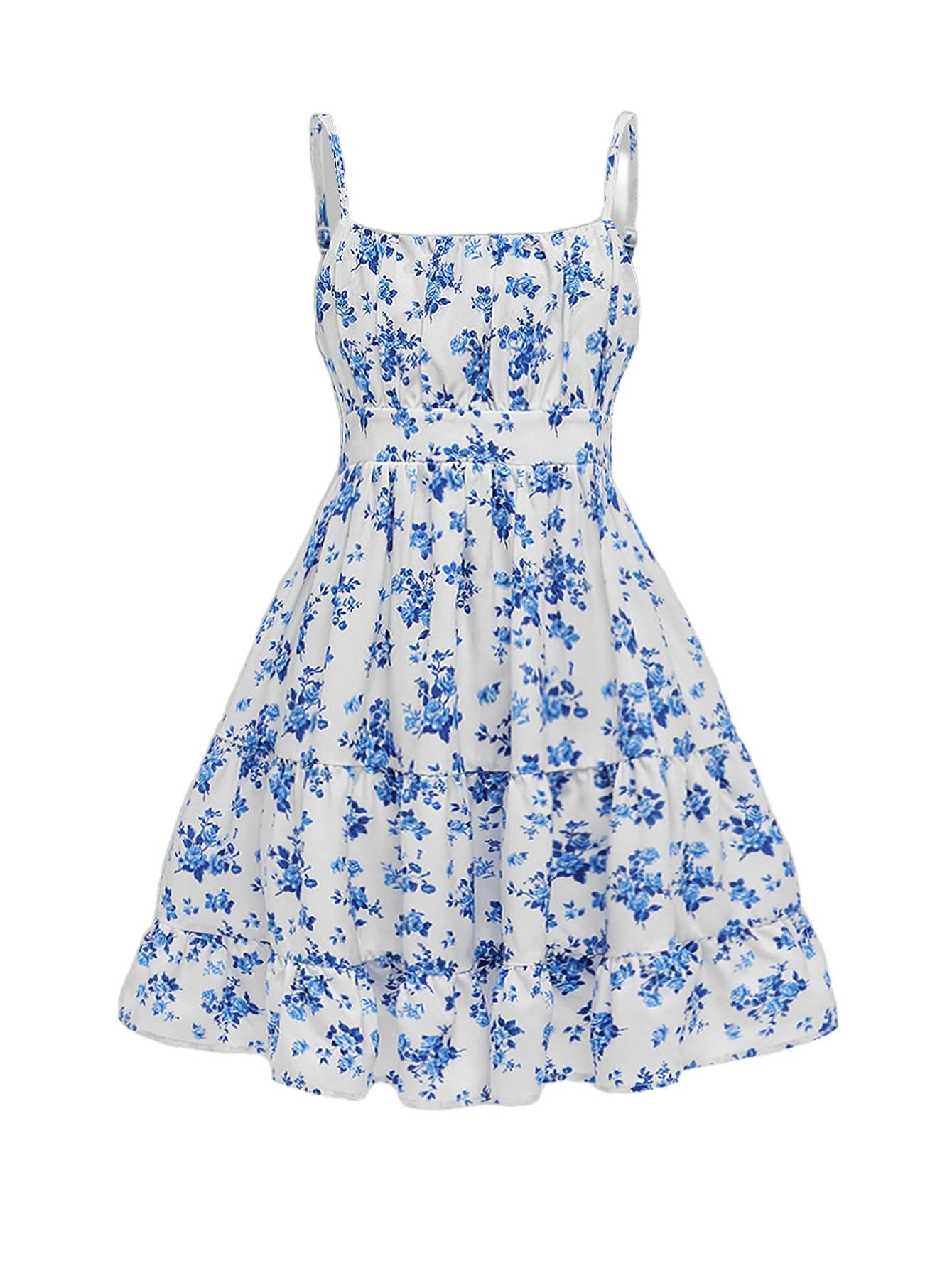 Floerns Girl's Floral Print Sleeveless Ruched Ruffle Hem A Line Cami Short Dress Blue and White 10Y