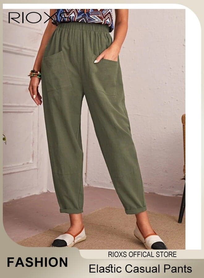 Women's Long Pant, Casual Trousers With Front Pockets, Regular Fit Basic Trousers For Women, Ladies Classic Capri Pants, Baggy Wide Leg Pants, Elastic Waisted Loose Harem Pants, Comfy Beach Trousers For Work And Daily Wear-Green Trousers