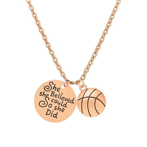 Rose Gold Basketball Necklace – Engraved “She Believed” Pendant with Ball Charm | Inspirational Sports Jewelry Gift for Players, Coaches, Fans
