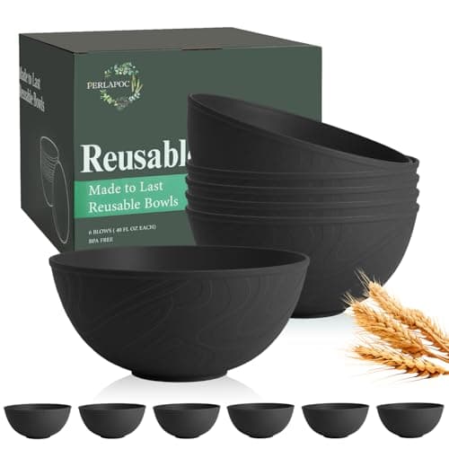 Perlapoc Unbreakable Cereal Bowls 40 OZ, Wheat Straw Bowls Set of 6, Anti Scald Extra Thick Soup Bowls, Reusable Plastic Bowl for Kitchen, Outdoor, Camping, RV, Black