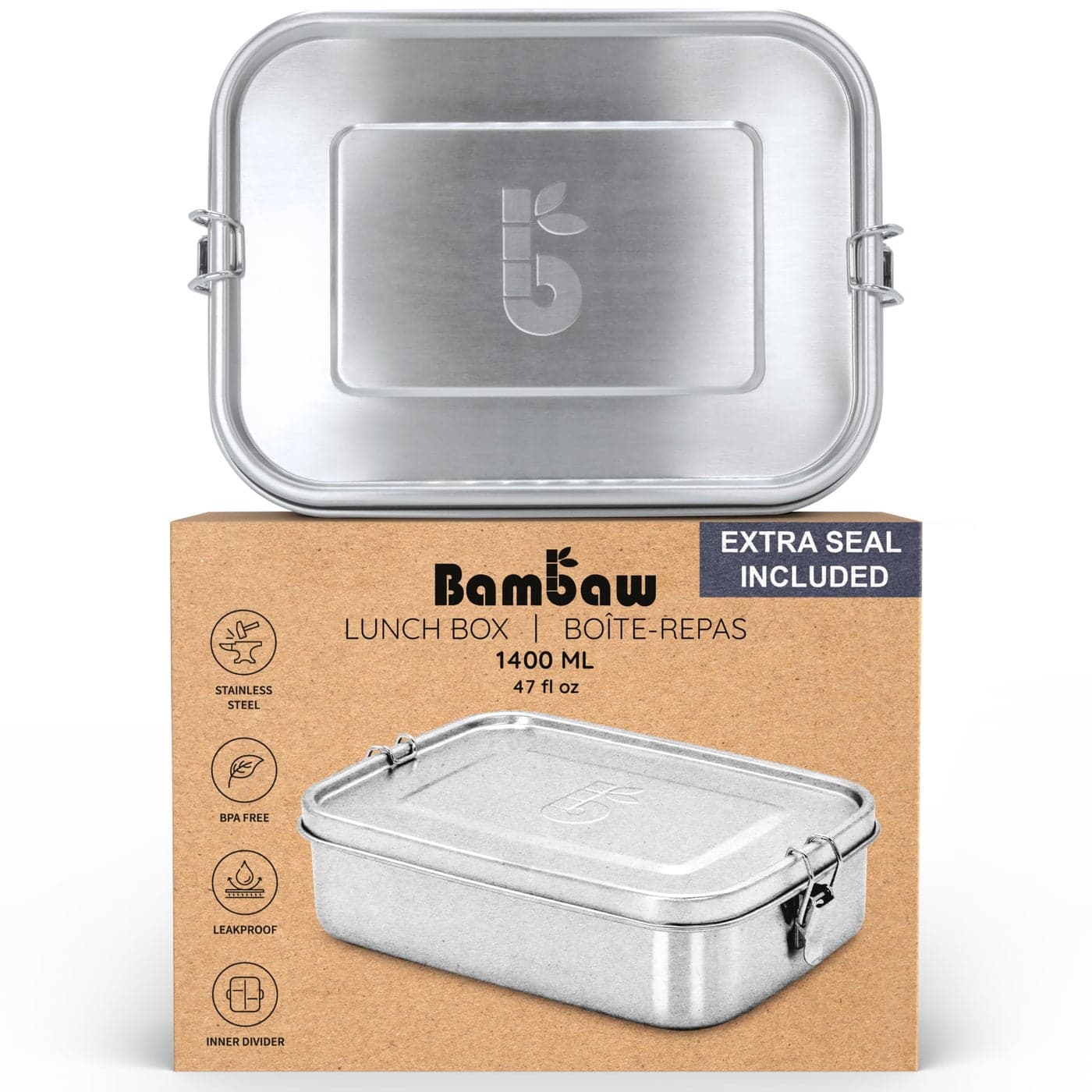 Bambaw Stainless Steel Lunch Box for Adults 47 oz Metal Bento Box with Adjustable Compartment Metal Lunch Container Leakproof Stainless Steel Sandwich Container