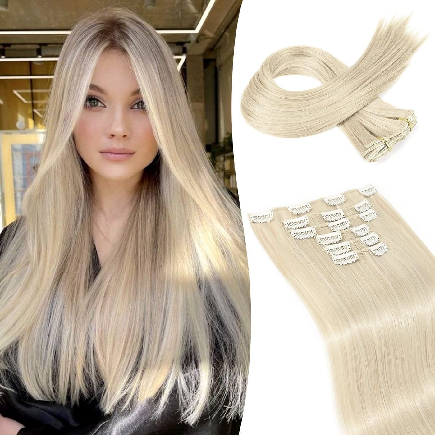 Clip in hair extensionsLONAI 6PCS Straight 24 Blonde Hair Extensions for WomenHeat Resistant Synthetic HairpiecePlatinum Blonde