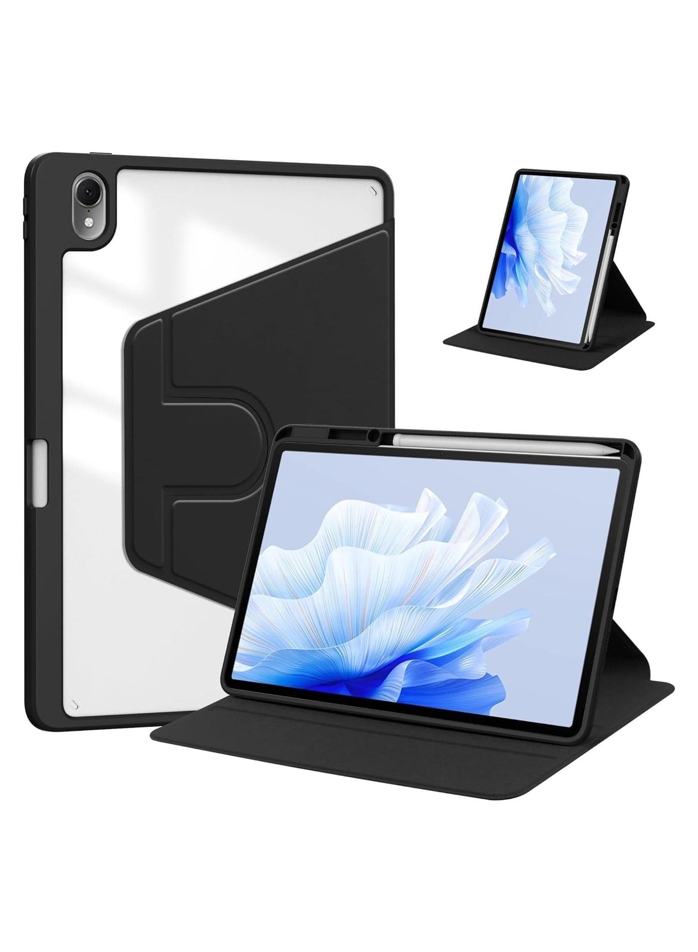 Clear Back Case Compatible with Huawei MatePad Air 11.5 Inch Released 2023 ,11.5s, 11.5 2025 with Pen Holder, 360 Degree Swivel Stand Folio Flip Smart Tablet Cover Auto Sleep/Wake Tablet Case (Black)