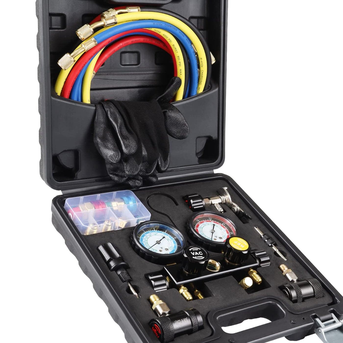 LICHAMP AC R1234YF R134A Gauge Set Automotive 4 Valve Manifold Gauge Compatible with R1234YF and R134A Refrigerants Works on Car Freon Charging and Evacuation