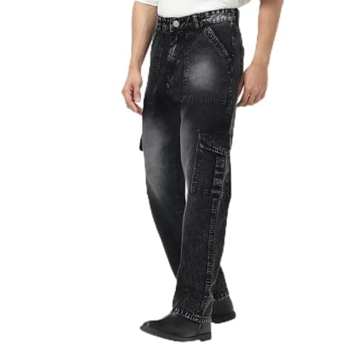 Urbano Fashion Men's Black Loose Baggy Fit Washed Cargo Jeans with 6 Pockets Non-Stretchable (jeanlscargotowl-black-32)