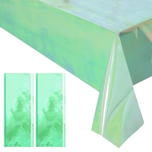 2 Pieces Green Iridescence Tablecloth - 40 x 108“ Disposable Shiny Laser Table Cloth - Glitter Plastic Tablecloths - Holographic Iridescent Table Cover for Party Decoration, Wedding and Banquet