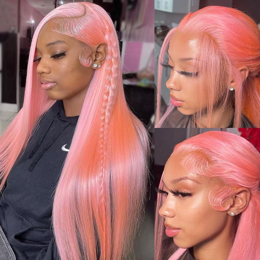 ANDRIA 13x6 HD Lace Front Wigs 200 Density Pink Straight Glueless Lace Wigs Light Pink Lace Frontal Wigs for Black Women Synthetic Heat Resistant Fiber Hair Wig With Baby Hair Pre Plucked 28 Inches