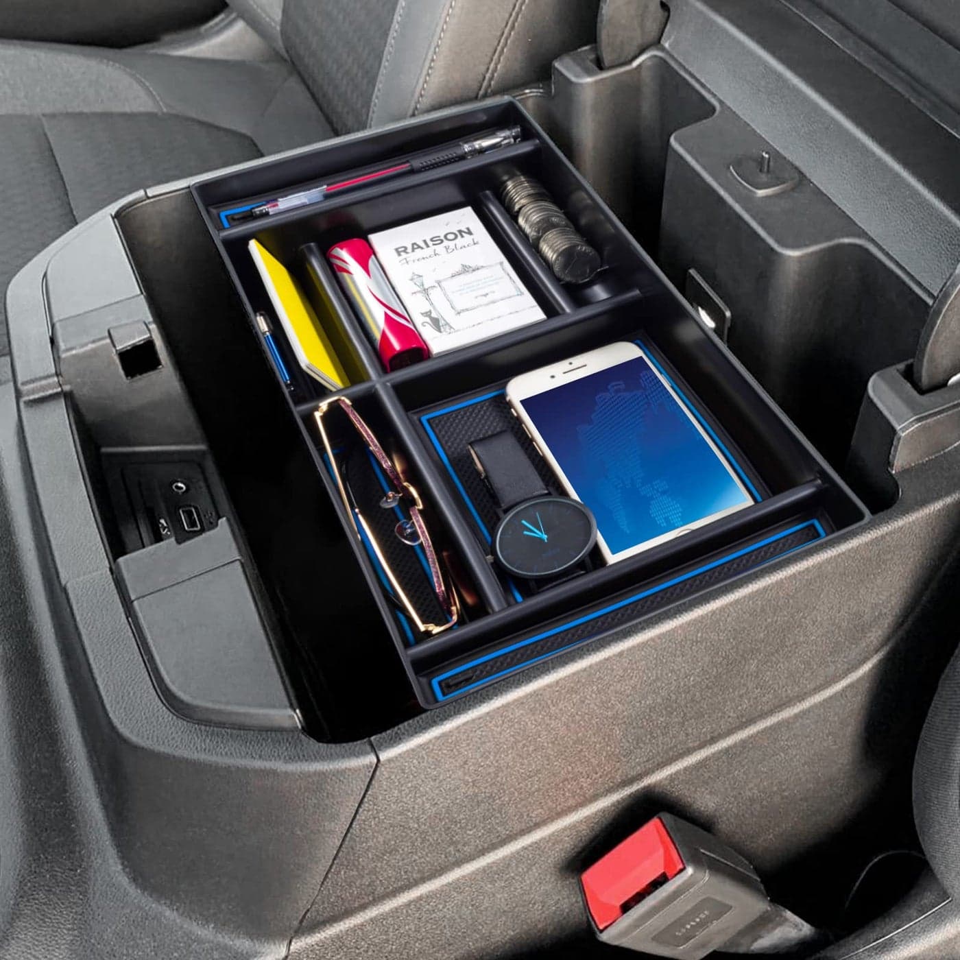 PIMCAR Center Console Organizer Compatible with 20192022 Chevy Silverado 1500GMC Sierra 1500 20202023 Chevy SilveradoGMC Sierra 2500 HD3500 HD Full Console wBucket Seats ONLY Blue Trim