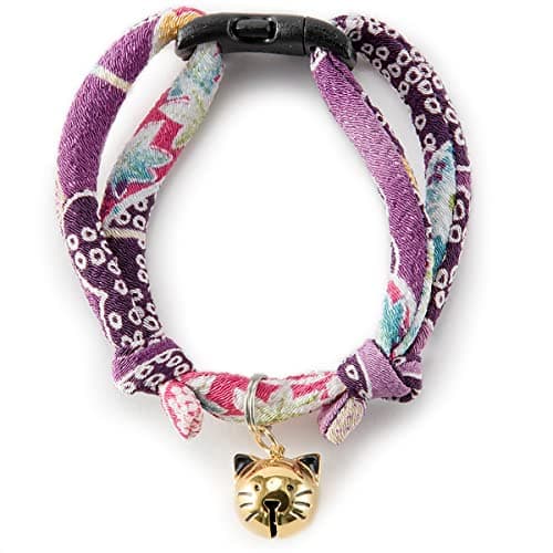 Necoichi Chirimen Hanabi Fireworks Cat Collar (Purple) with Bell Safety Breakaway Soft Lightweight for Cats Kitty Kitten Japanese Stylish Pattern, No.1 Seller in Japan