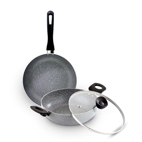 Bergner Orchid 3-Layer Non-Stick Coating 3 Pcs Cookware Set - 24cm (2.5 L) Kadai with Glass Lid and 24cm Frypan, Minimal Oil for Healthy Cooking - Induction Bottom, for Diwali/Anniversary Gifting
