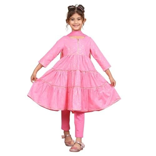 Biba Girls Light Pink Cotton Tiered Printed Kurta Churidar Set_6-7Y