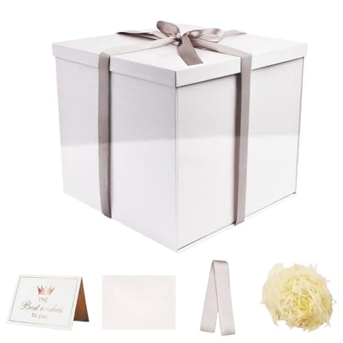 UoeRing Glossy White Large Gift Box 1Pcs 12x12x11 InchGift Box with Lid for Presents BirthdaysChristmas Valentines DayMothers Day with Ribbon Card Envelope Shredded Paper Fill