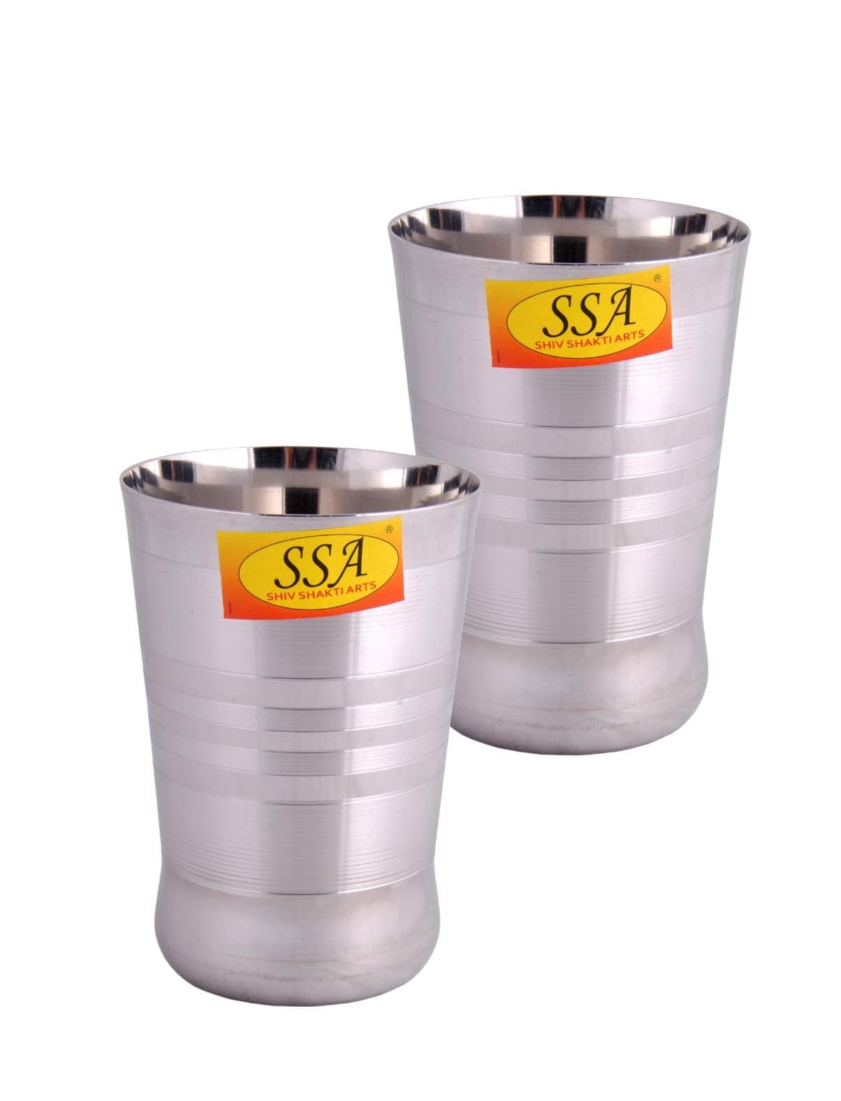 SHIV SHAKTI ARTS® Curved Base Stainless Steel Silver Touch Design Glass, 300 ML Set of 2, Water Milk Tea Lassi Glass, Tumbler