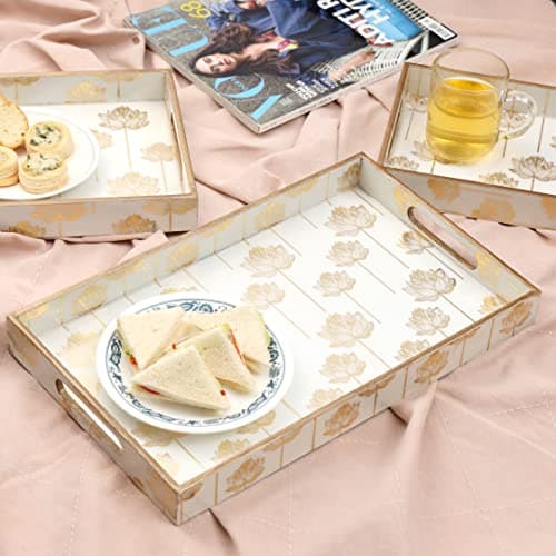 DULI Rectangular Set of 3 MDF Wood Enamel Coated Multipurpose Trays| Serving Tray For Home & Dining Table (15x9,13x8 & 11x7 Inches) (Setof3- GoldLotus), Multipurpose Serving Tray